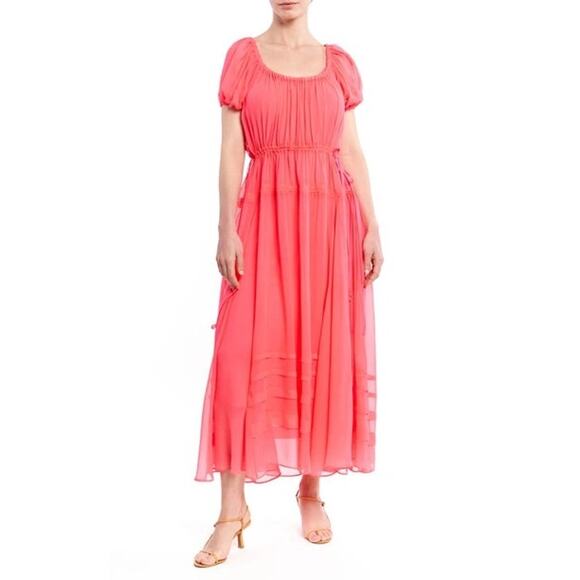 La Ligne Isabelle Gathered Silk Chiffon Hot Pink Puff Sleeve Maxi Dress Sz S NWT - Picture 1 of 6